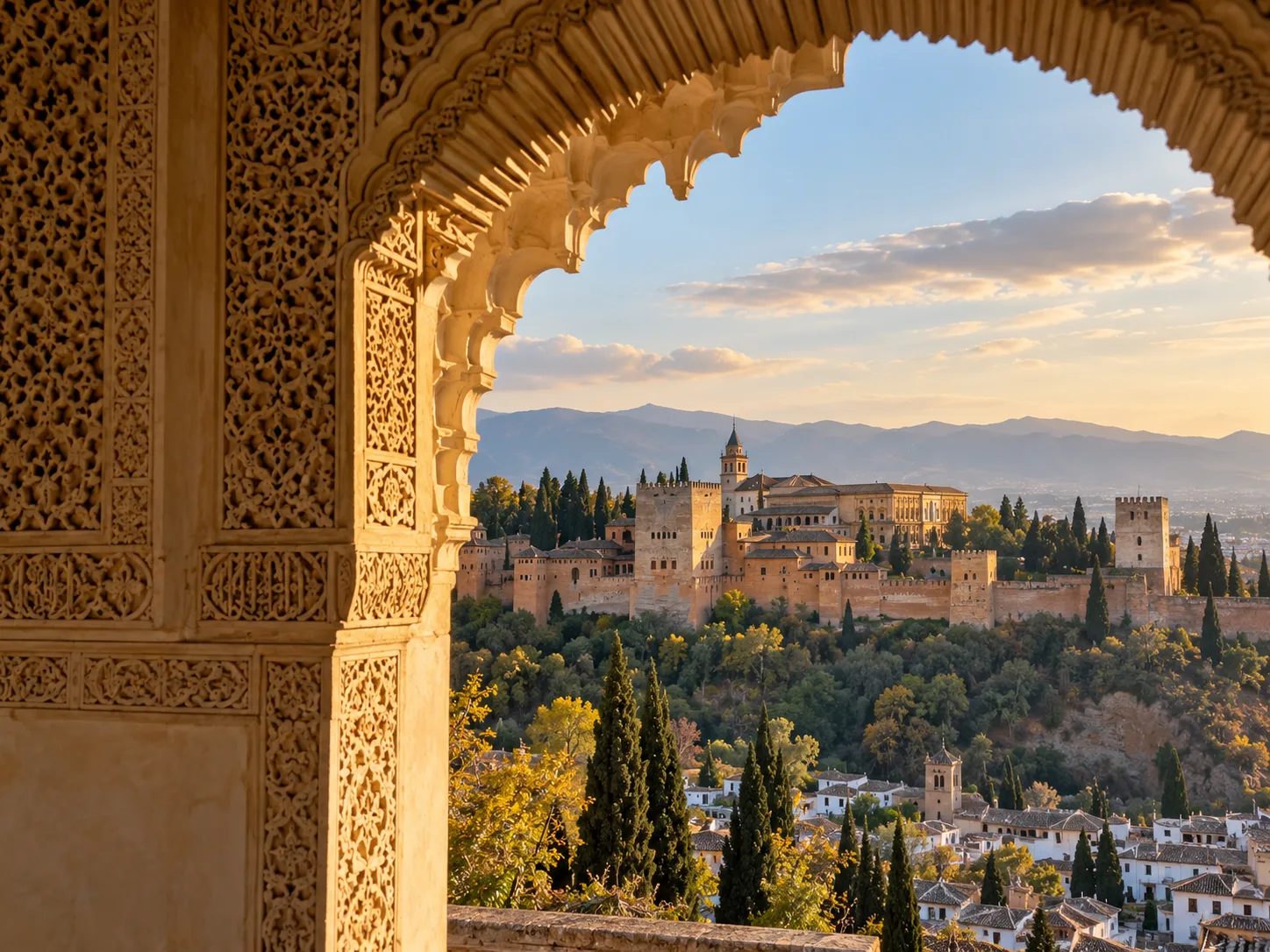 Detalle de un arco de la Alhambra con Granada al fondo