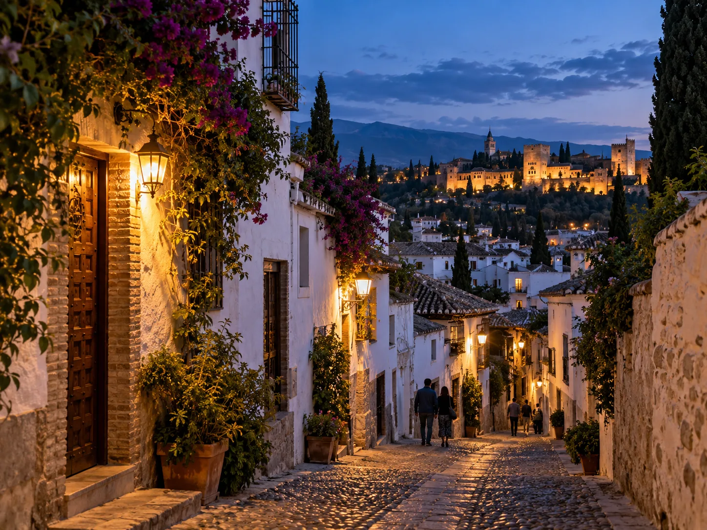 Una calle del Albaicín al anochecer