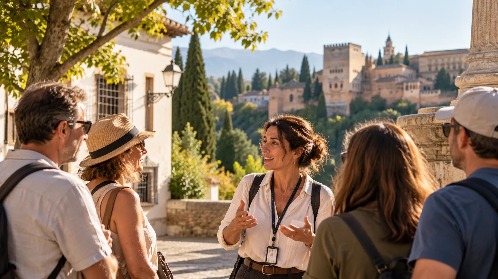 Una guía turística conversa con visitantes junto a la Alhambra