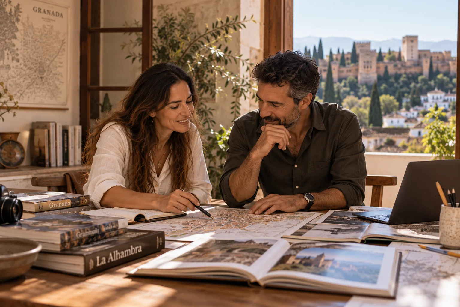 Dos personas planifican un recorrido por Granada con un mapa y la Alhambra al fondo